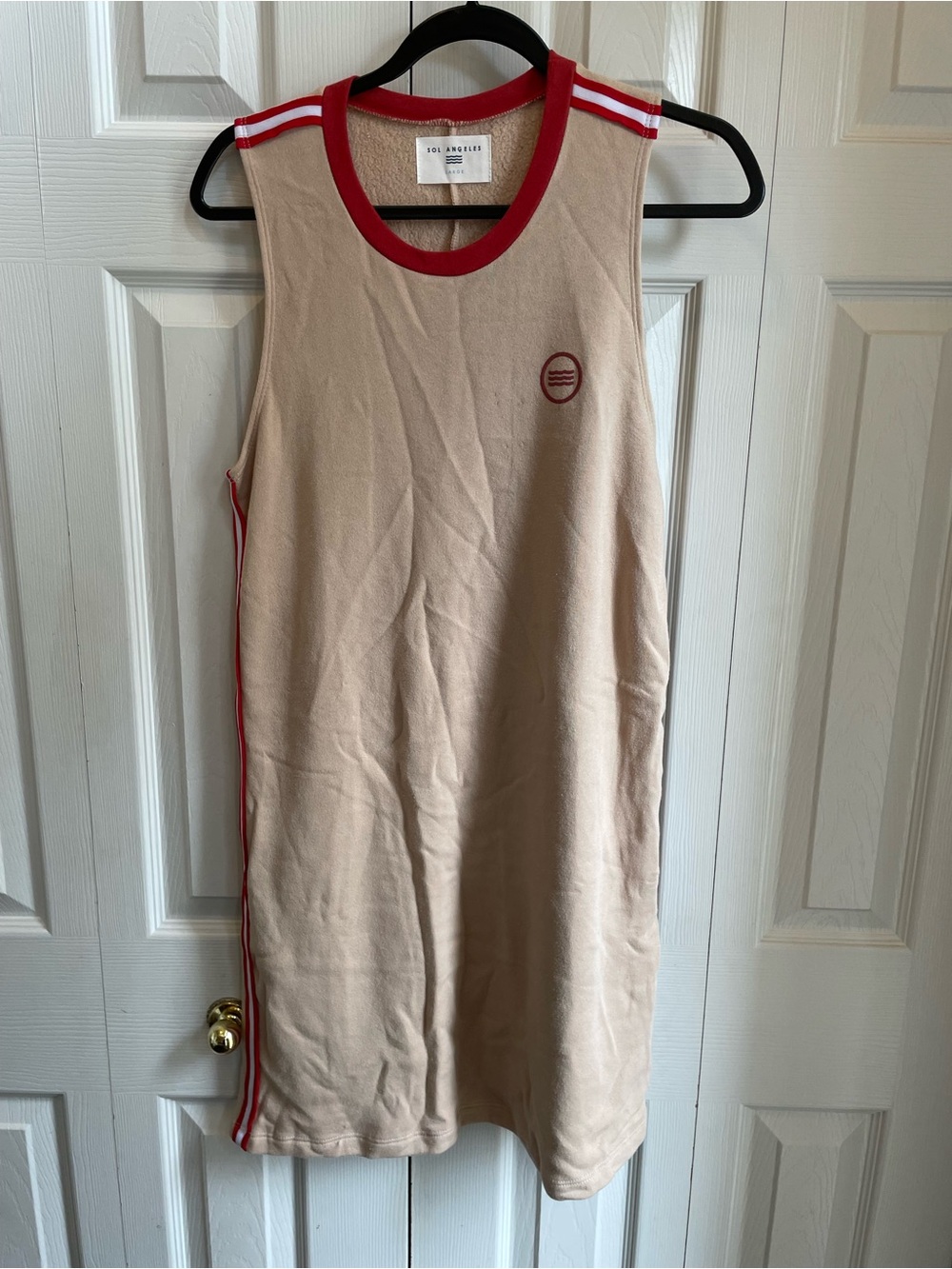 Sol Angeles midi dress beige terry with red stripes size L NWT